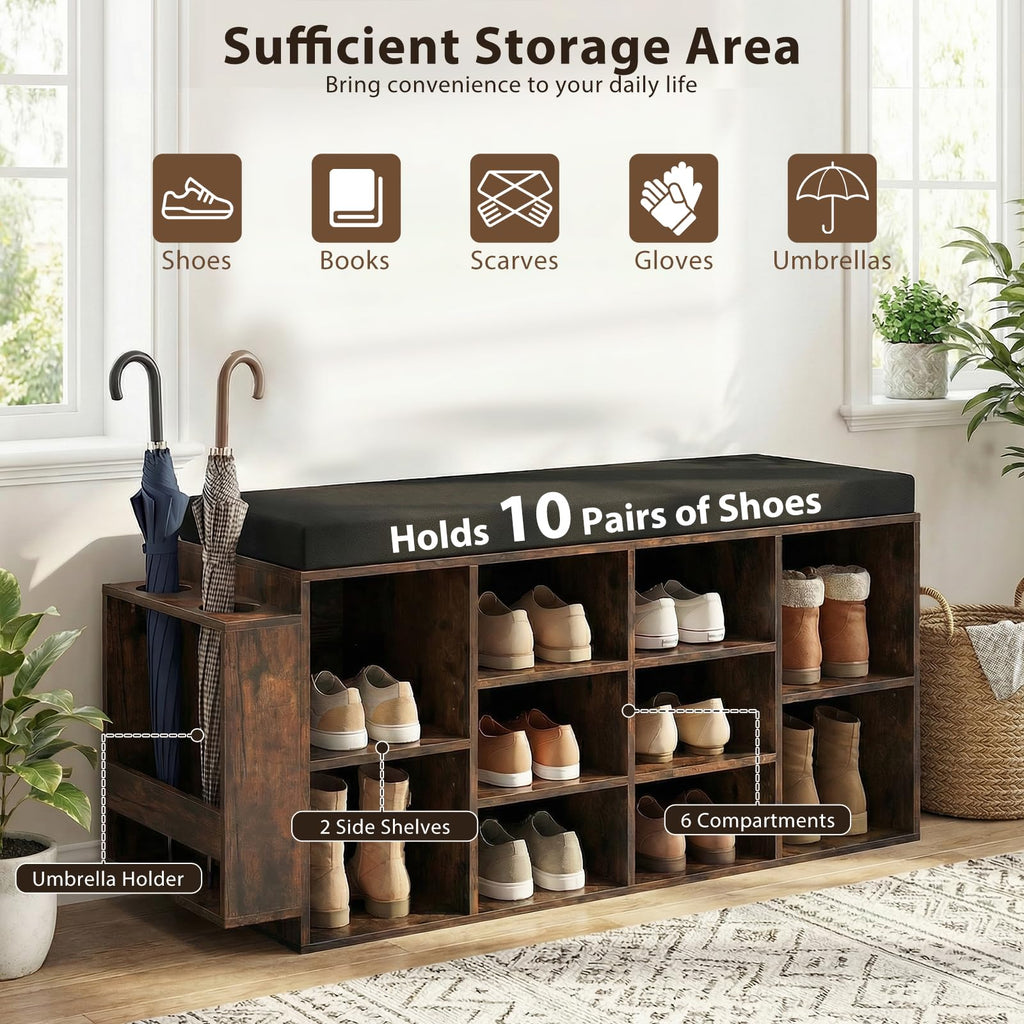 Shoe Storage Bench with Umbrella Holder, 40" Shoe Organizer with Cushioned Seat, 10 Cubbies & Adjustable Shelves