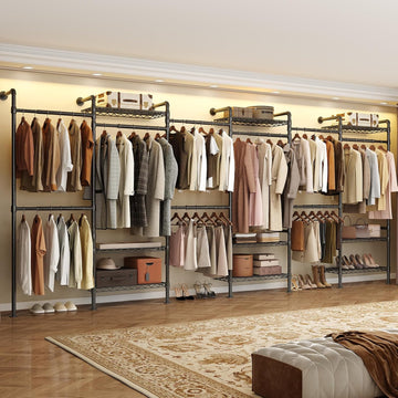 Wall Mounted Garment Rack, Industrial Pipe Clothing Rack, Closet System with 6 Expandable Rods, Walk in Closet