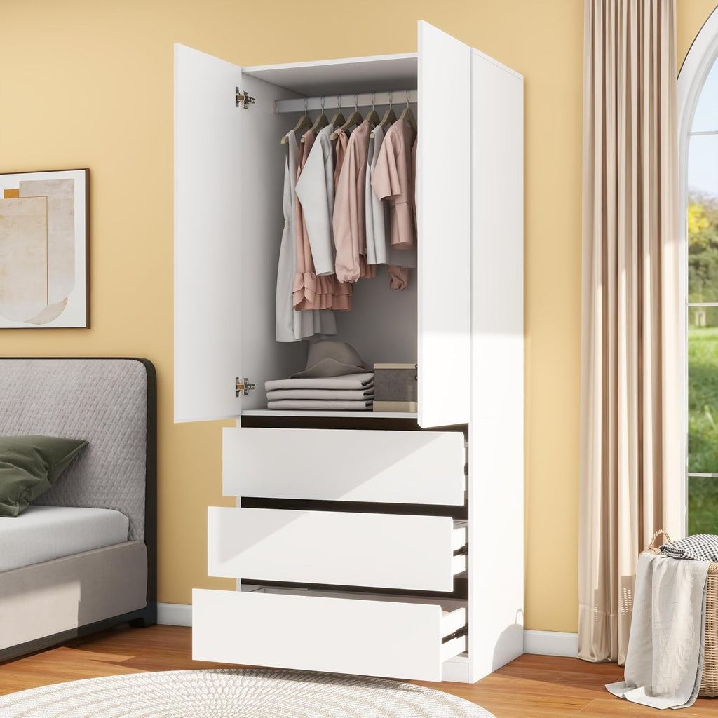 Wooden Wardrobe Closet with 2 Doors: 75" Bedroom Armoire Wardrobe Closet with 3 Drawers, White Cabinet with Hanging
