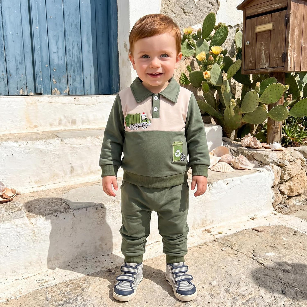 Baby Boy Fall Clothes Toddler Winter Outfits Long Sleeve Contrast Lapel Truck Embroidery Sweatshirt + Pants Sets
