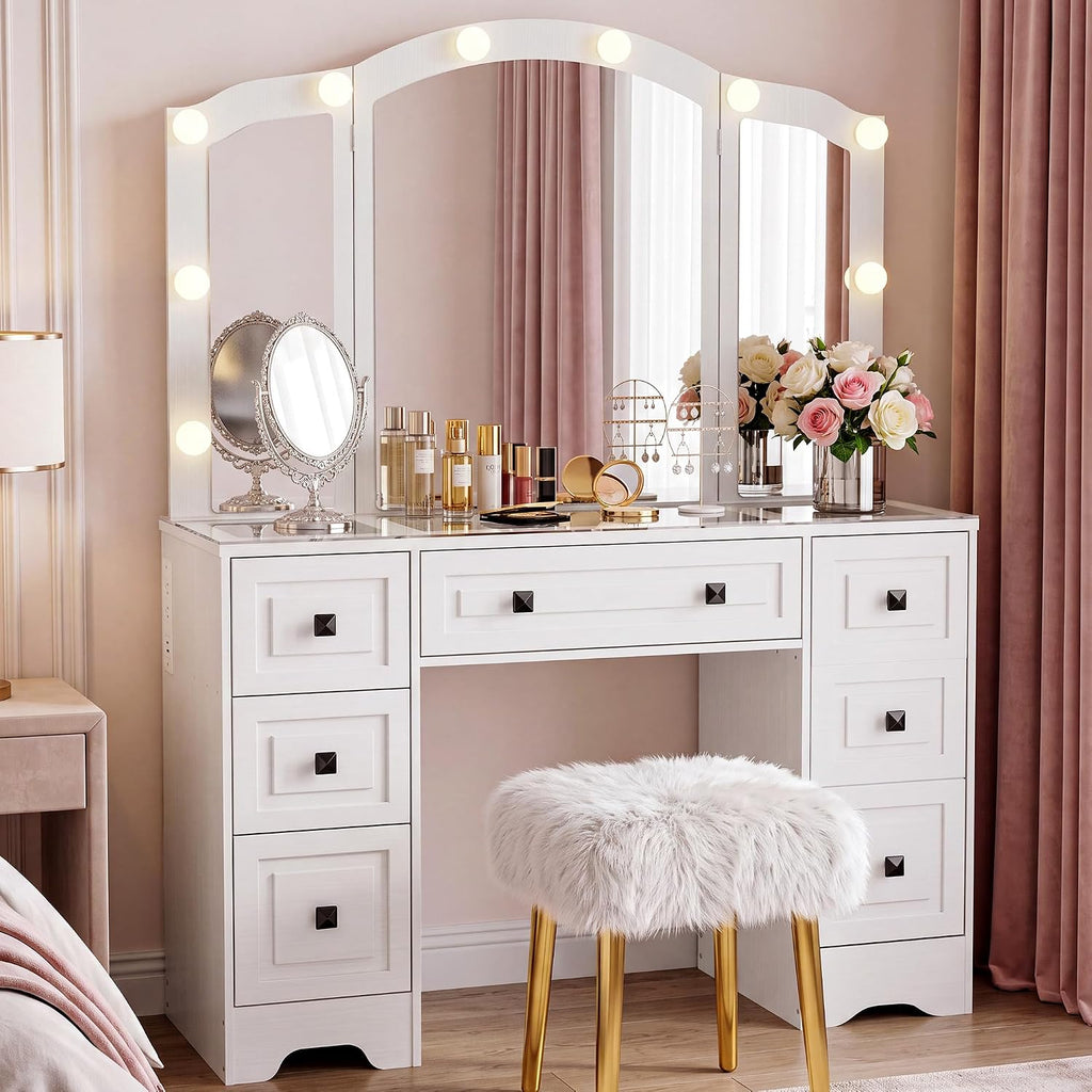 Vintage Vanity, White Vanity with Lighted Mirror & Third-Fold Mirror, Retro 5-Drawer Dressing Table with Glass Top