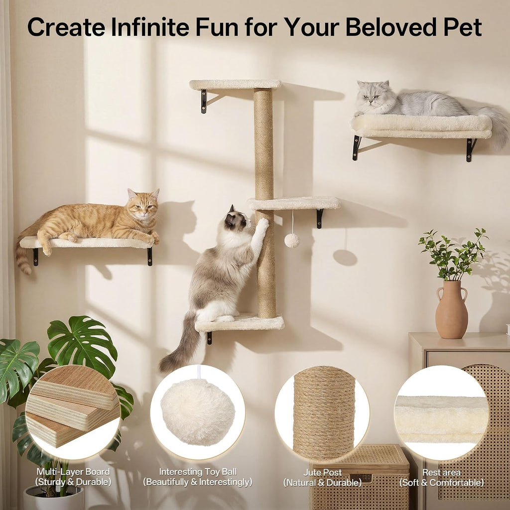 Cat Wall Shelves, 5-in-1 Cat Wall Furniture Set, Beige