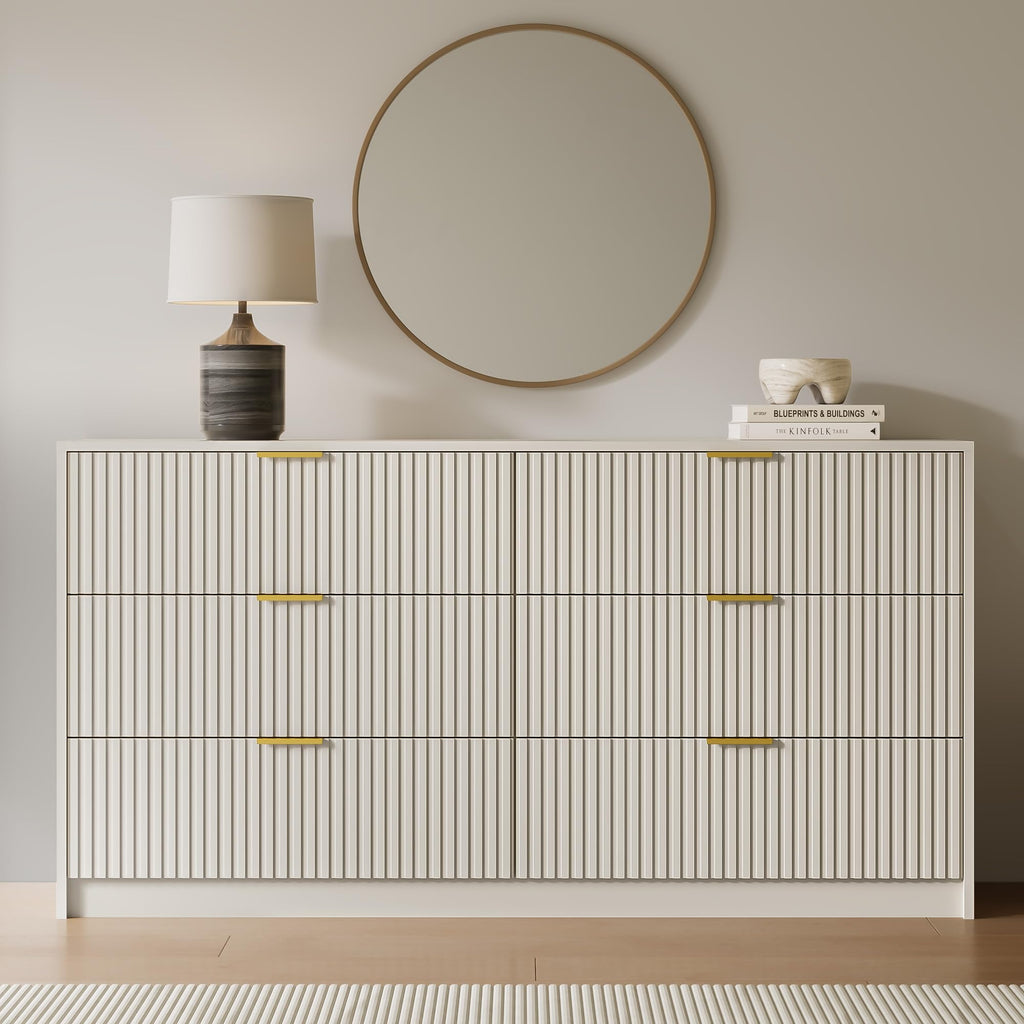 55" Wide Fluted 6-Drawer Double Dresser, Beige