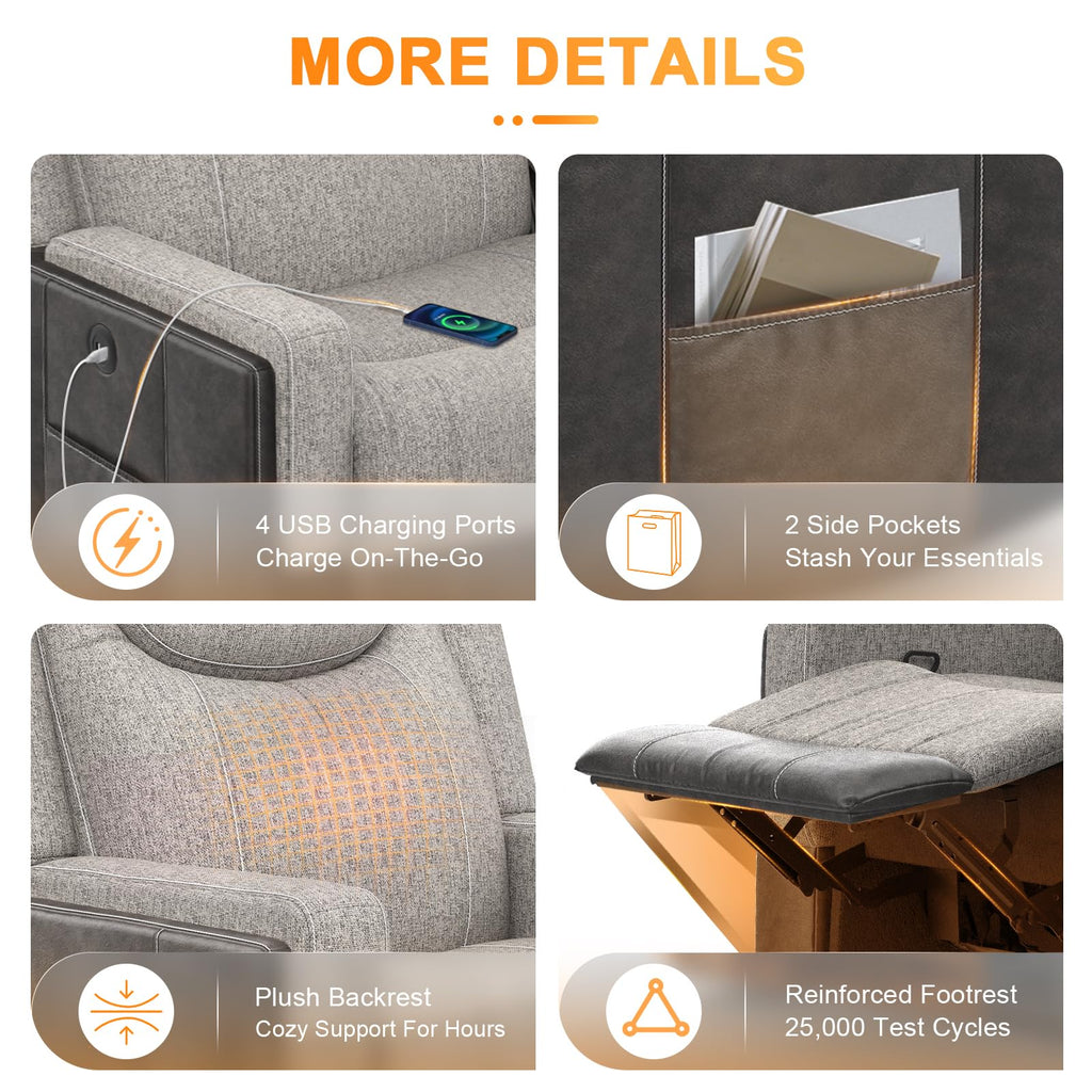 Manual Recliner Sectional Sofa, Corner Couch with Flip Middle Backrest, USB Ports & Cup Holders, Grey Linen &