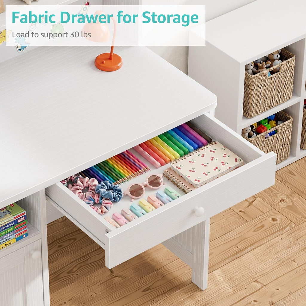 Wooden Kids Desk with Storage,White Kids Desk and Chair Set for 8-10 Year Old, Children Study Desk with Drawer