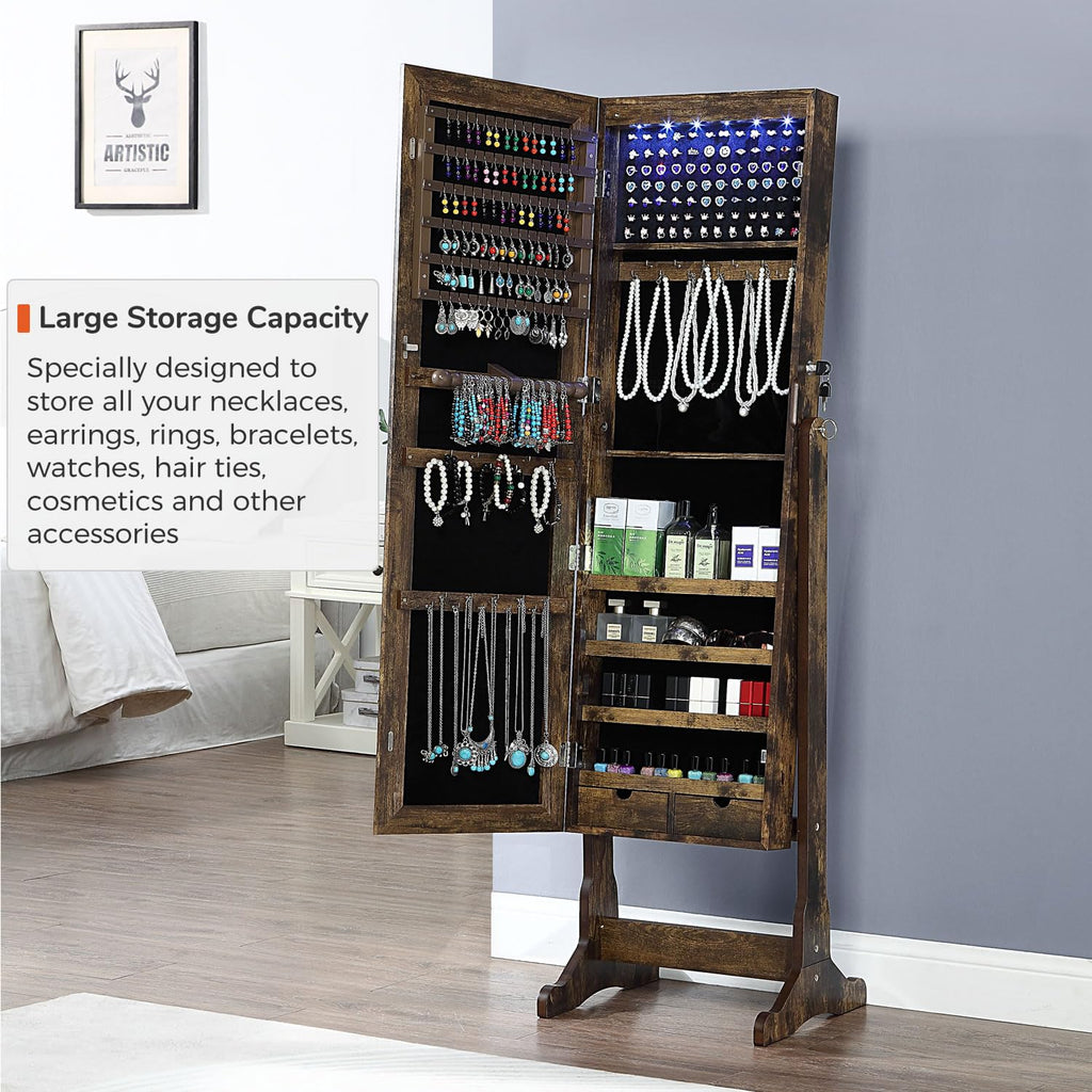 Jewelry Organizer Full Length Mirror Jewelry Cabinet Standing/Wall Mounted Jewelry Armoire Storage with Lights