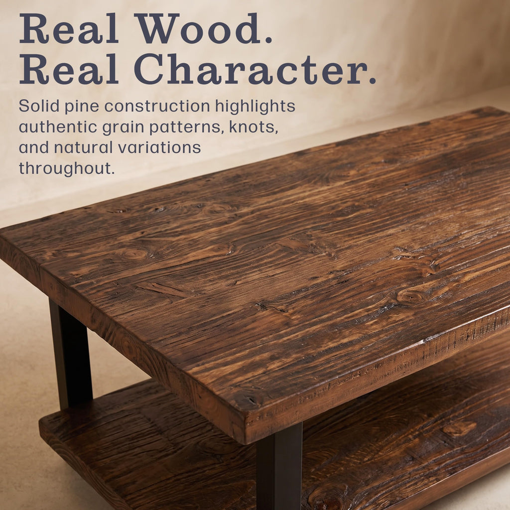 Pomona Solid Wood Coffee Table, Rustic Brown, 48"