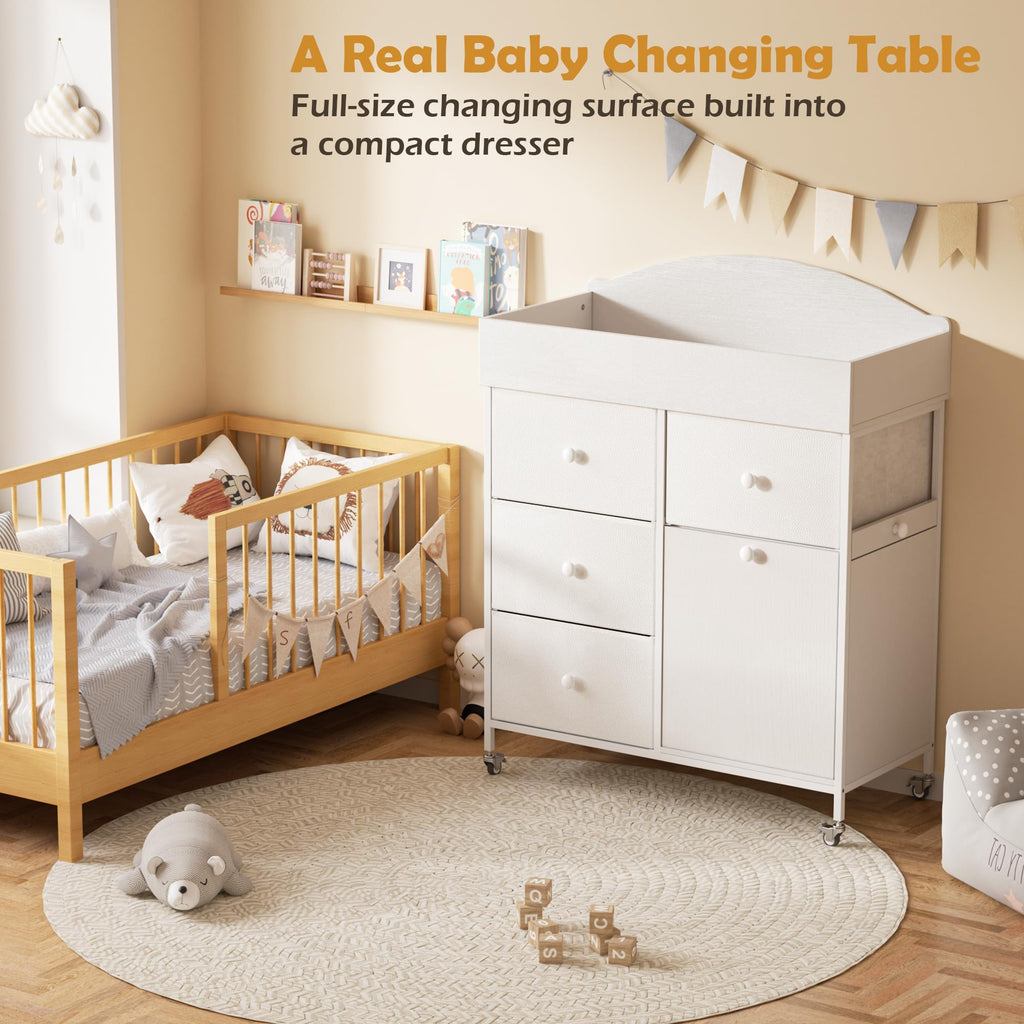 Baby Dresser with Changing Table Top, 4-Drawers Changing Table Dresser with Tile-Out Trash Cabinet and Pull-Out