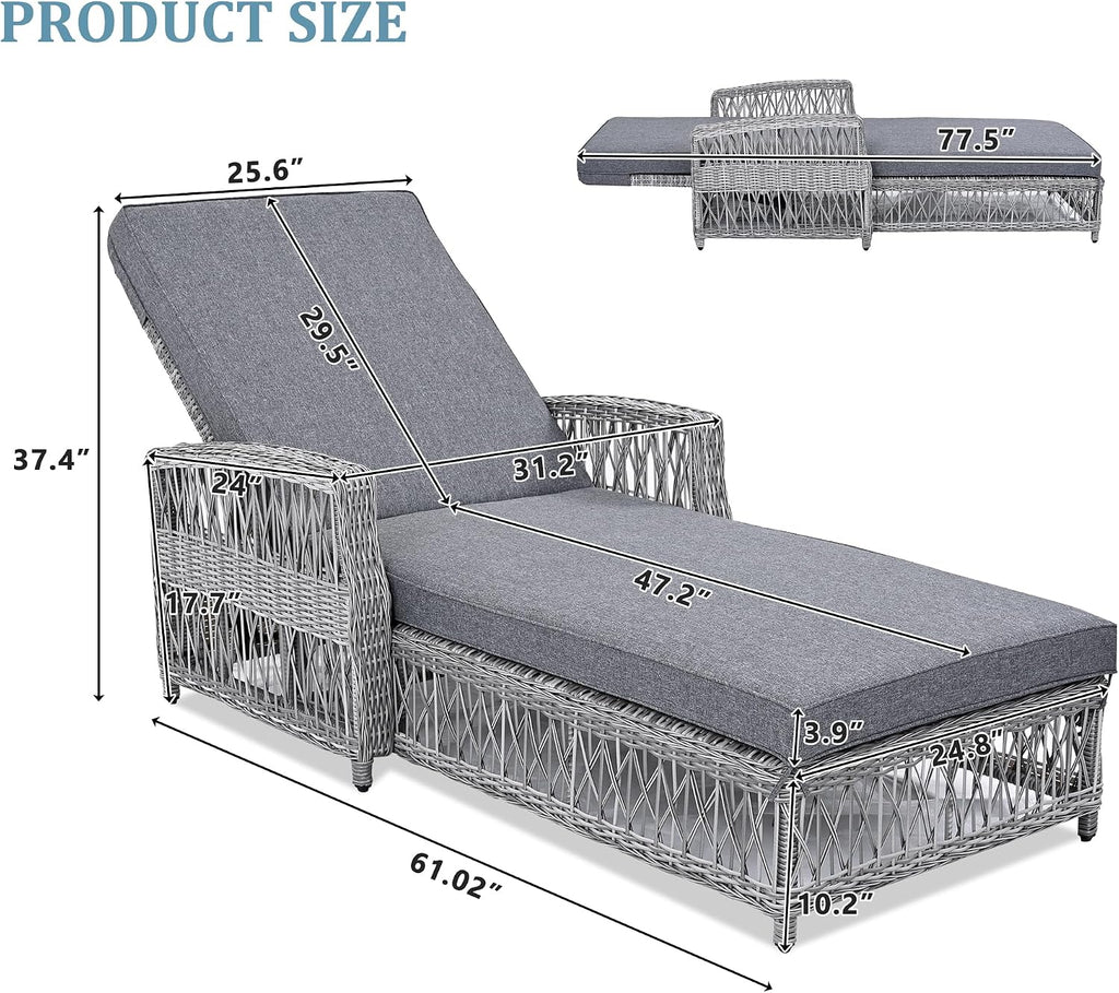 Patio Lounge Chair, Outdoor Rattan Chaise Lounge with 4 Adjustable Backrest and Armrests, All Weather Wicker