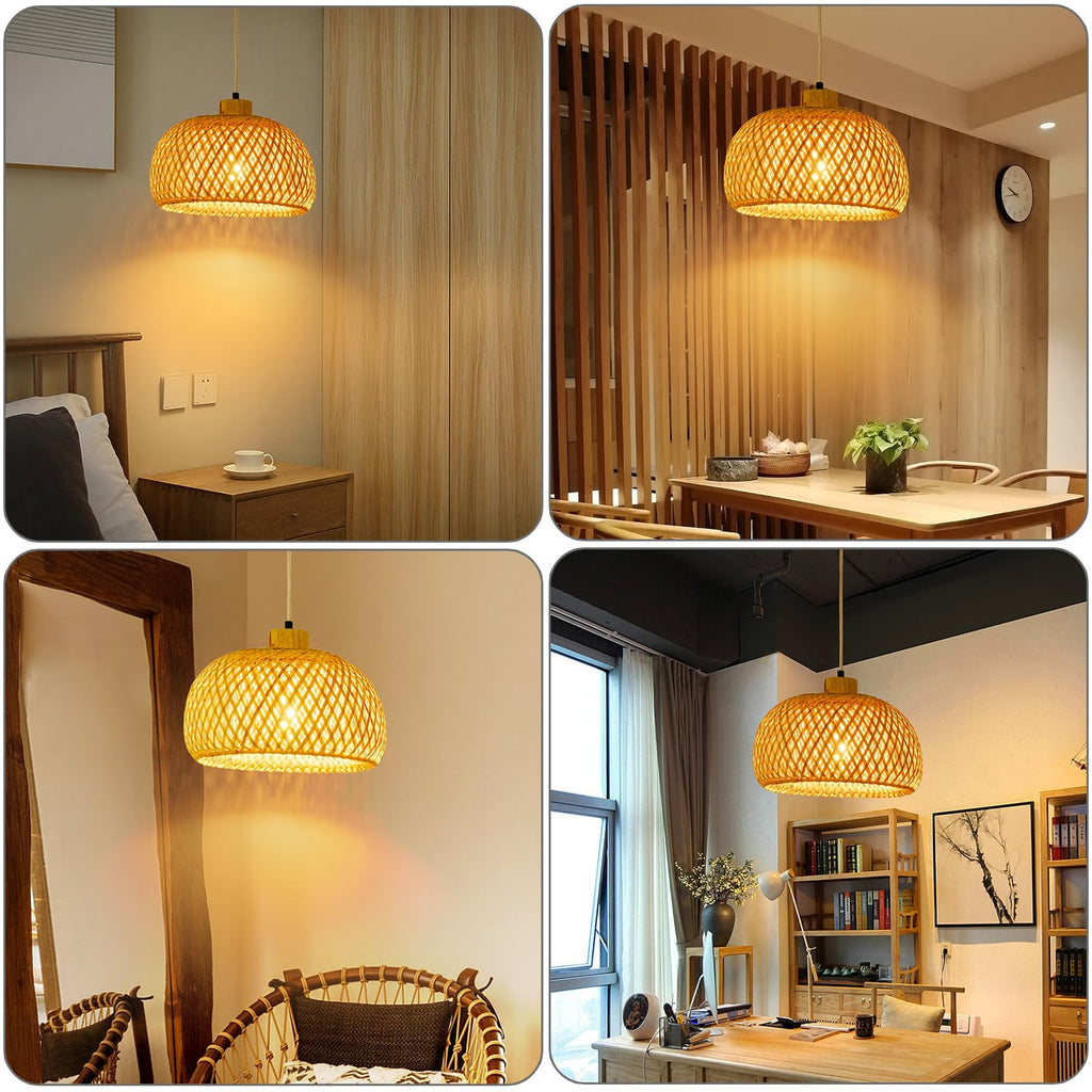 11.8inch Beige Bamboo Pendant Light, Wicker Rattan Boho Chandelier