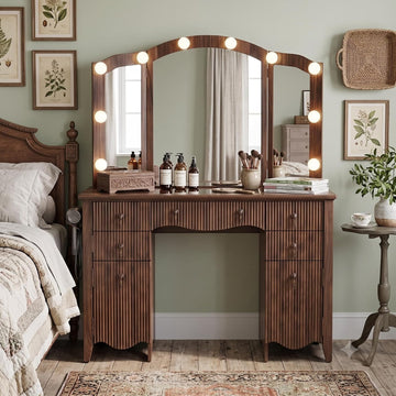Vanity Desk with Mirror and Lights, Tri-Fold Fluted Makeup Vanity,Walnut | Power Outlet, Glass Top &,Wooden, Dressing