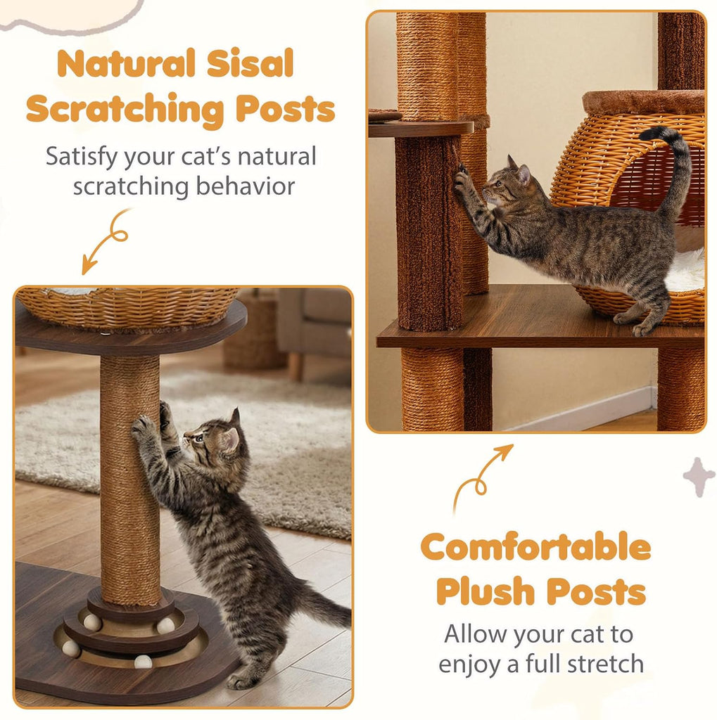 59.5-inch Tall Rattan Cat Tree, Multi-Level Modern Wooden Cat Tower
