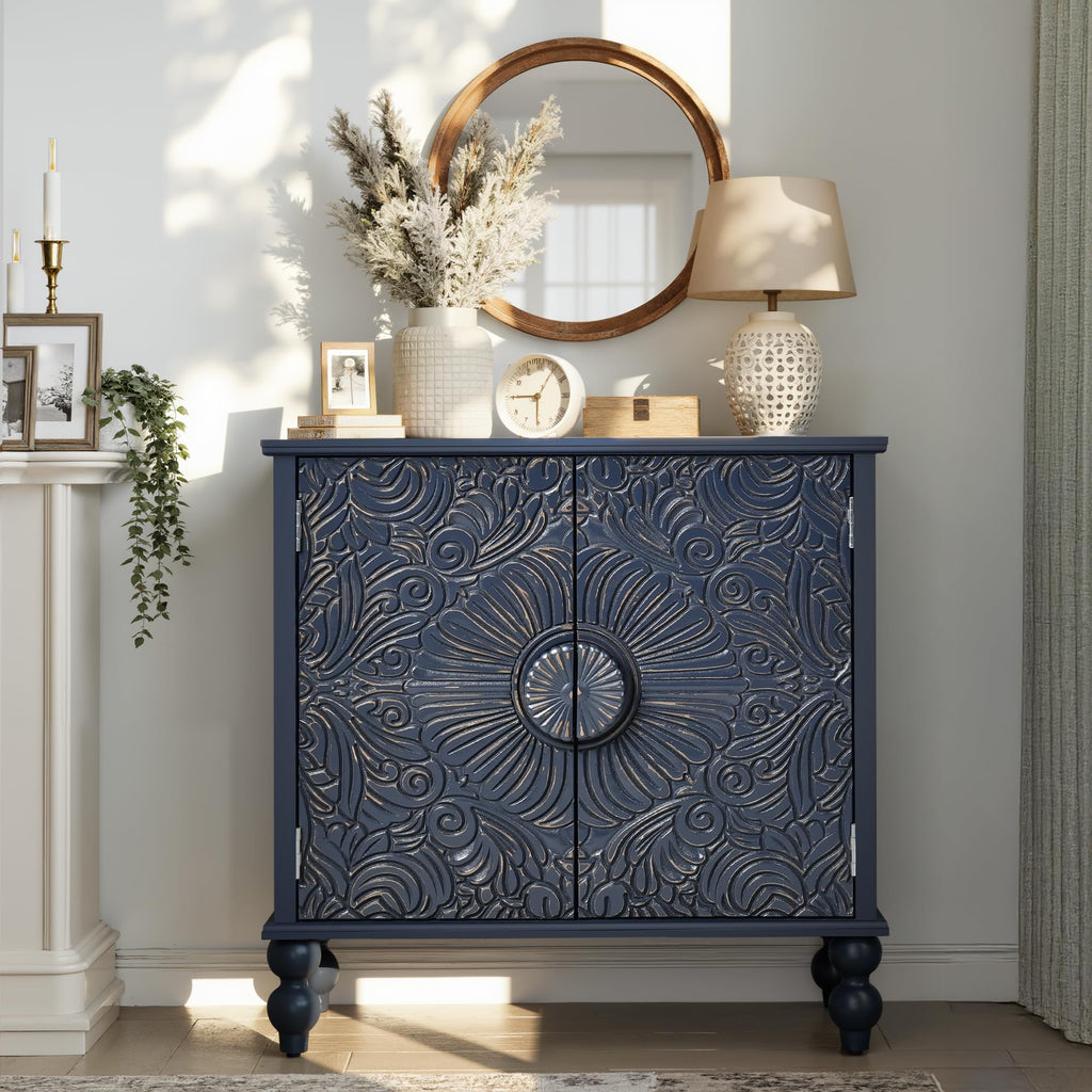 Solid Wood Buffet Cabinet, Accent Cabinet, 2 Carved Doors, Blue