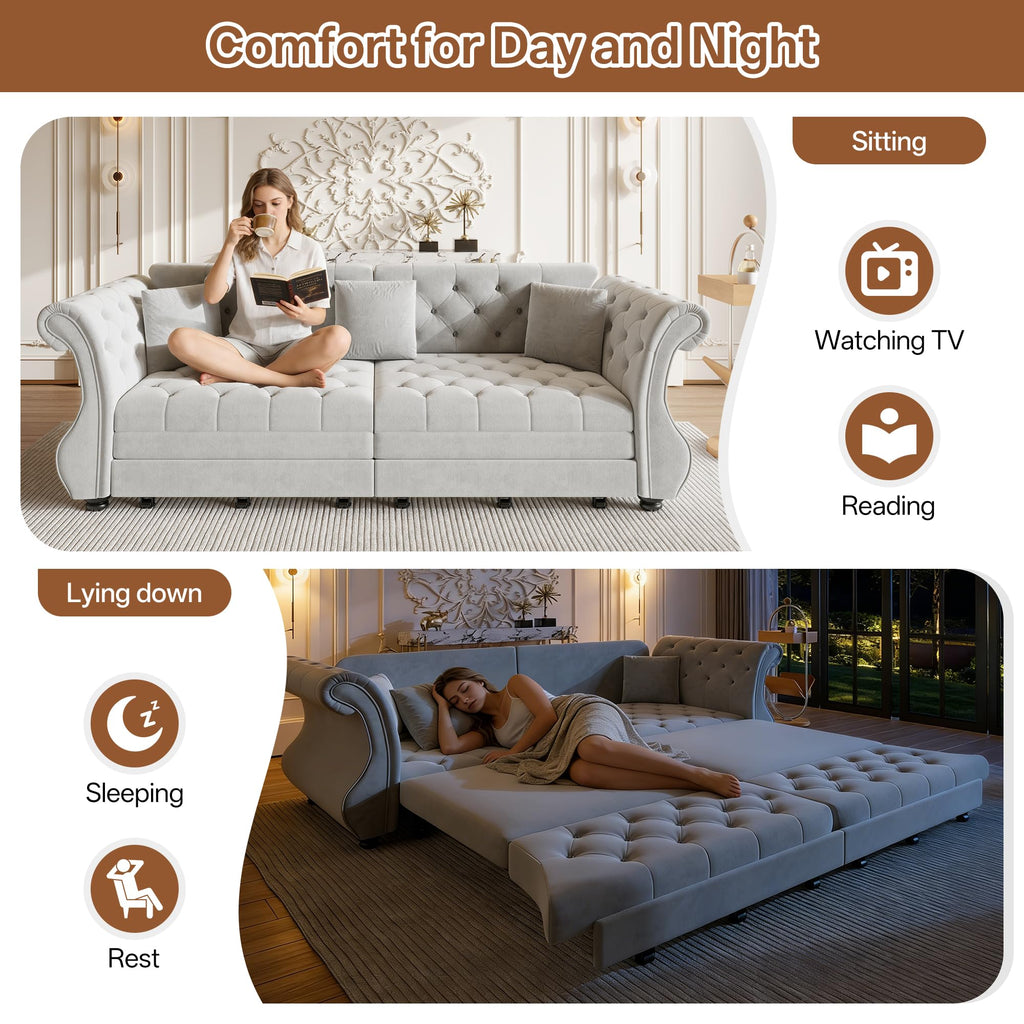 Sleeper Sofa Bed 97.6", Velvet Pull Out Couch, Chesterfield Sofa, Gray