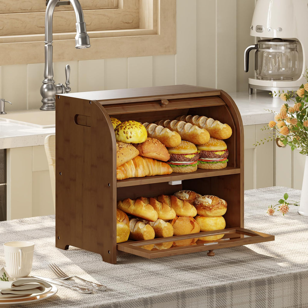 Bamboo Countertop, 2 Tier Roll-Top Bread Bin, Food Storage Box, Large Capacity Keeper, Wooden Storage Cabinet, Brown