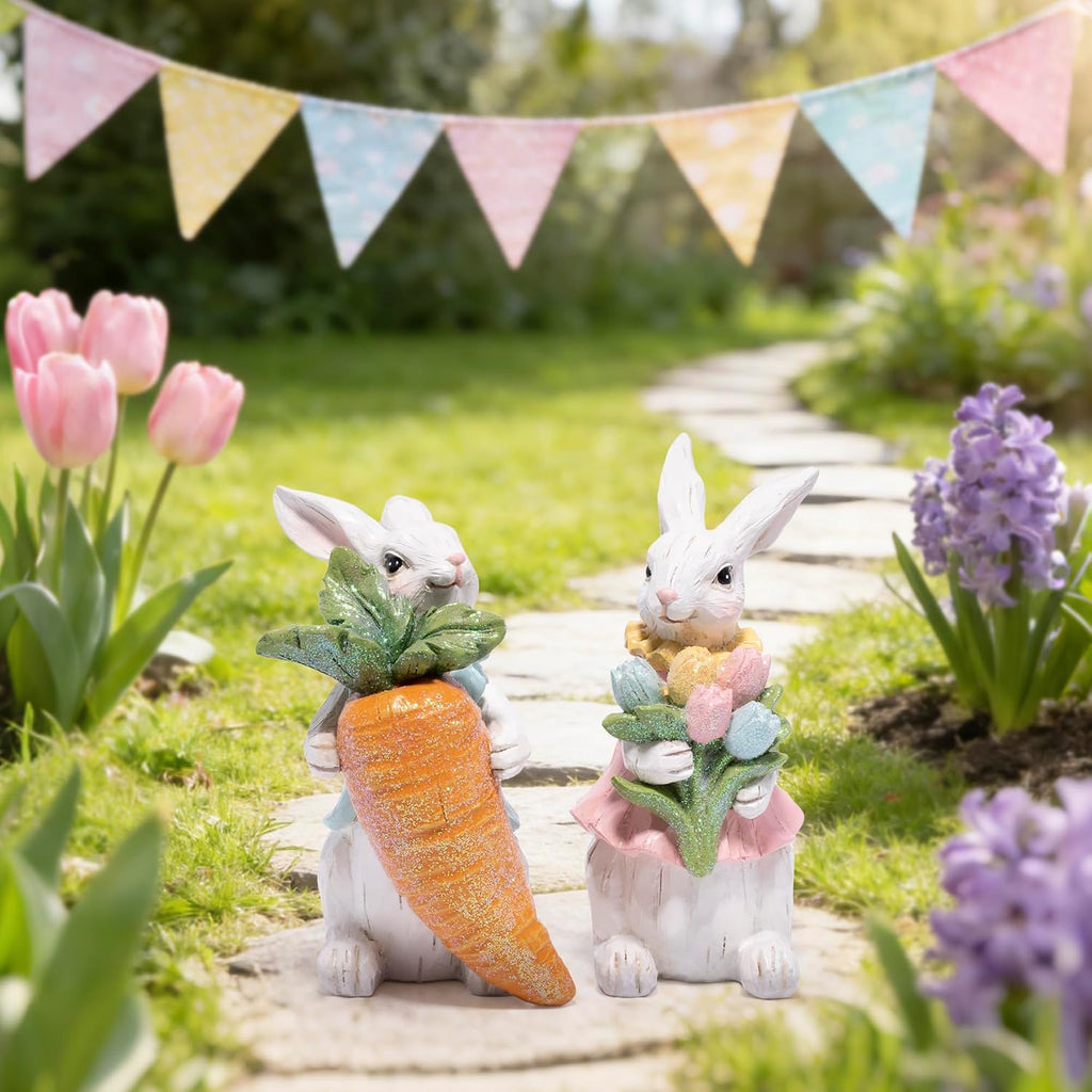 Easter Bunny Decorations Resin Rabbit Figurines with Carrot & Tulip Bouquet, Spring Indoor Decor Bedroom - Set of 2