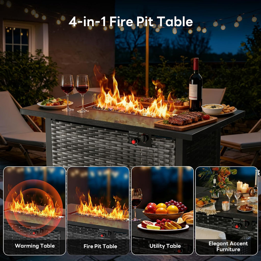 43" 4-in-1 Propane Fire Pit Table, 50,000 BTU, CSA Certified | Rattan Gas Fire Pit Table with Lid, Blue Fire Glass