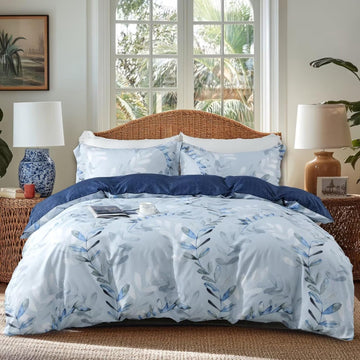 Duvet Cover,Reversible Leaf Blue Duvet Cover Set with Zipper Closure, 3 Pieces Modern Patterns Soft Microfiber