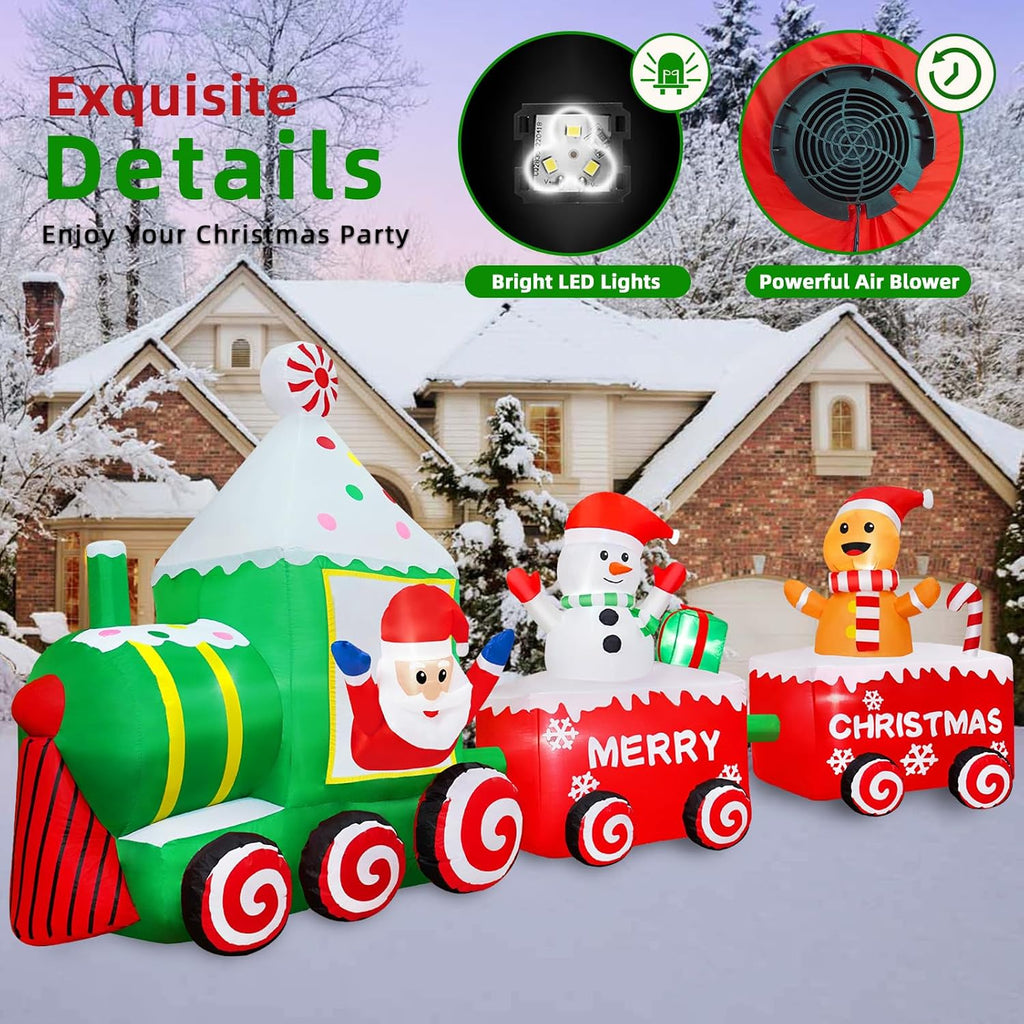 12FT Christmas Inflatable Santa Claus on Train Outdoor Decorations, Lighted Inflatable Christmas Train with Snowman