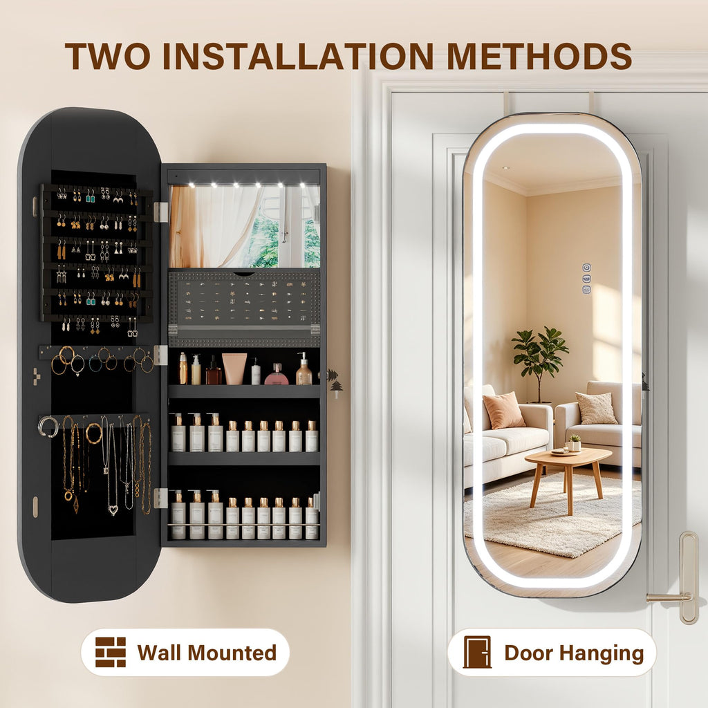 LED Mirror Jewelry Cabinet, Jewelry Organizer, Wall or Door Mounted, Black