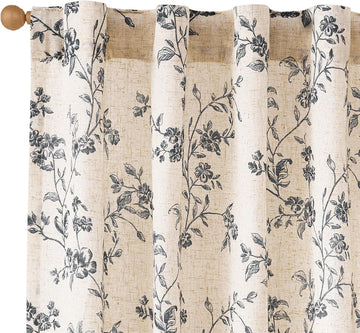 Taupe Vintage Floral Linen Curtains Farmhouse 50W X 84L 2 Panels