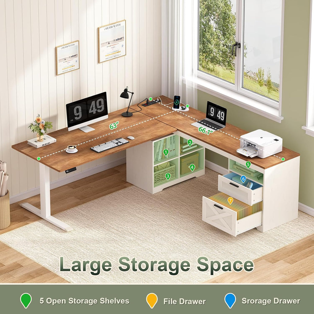 66 inch Farmhouse L Shaped Standing Desk with Storage | Corner Electric Standing Desk with Drawers & Storage Shelves