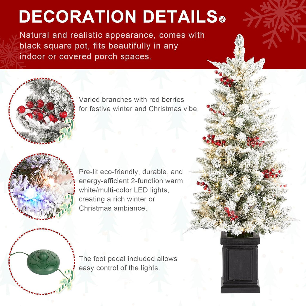 4ft Prelit Christmas Tree Set of 2, Flocked Artificial Christmas Porch Tree with Red Berries and 60 Warm