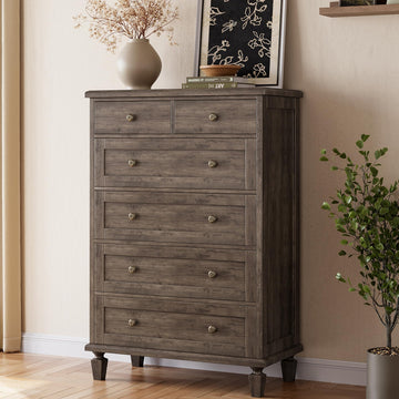 47" Tall, Vintage 6 Drawer with Carved Handles and Tapered Legs Design, Wood Chests of Drawers with Large Capacity
