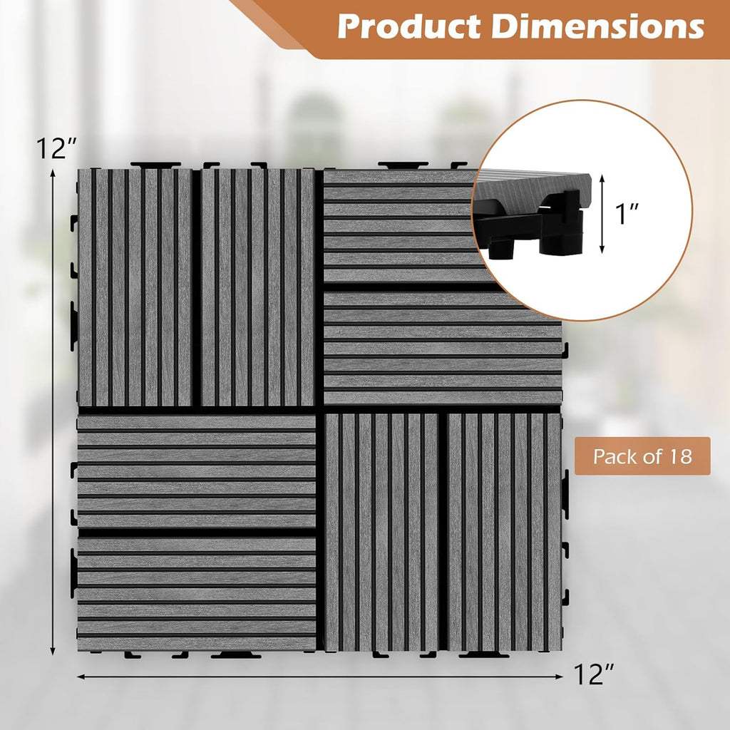 18 PCS Interlocking Deck Tiles - 12" x 12" Composite Decking Boards Waterproof All Weather, Total 18 Sq.Ft Outdoor
