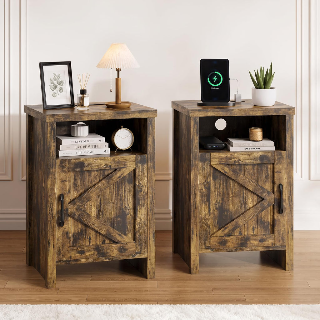 Farmhouse Nightstand with Charging Station, Couch Side Table Set of 2, Bedside Table with Storage Space, End Tables