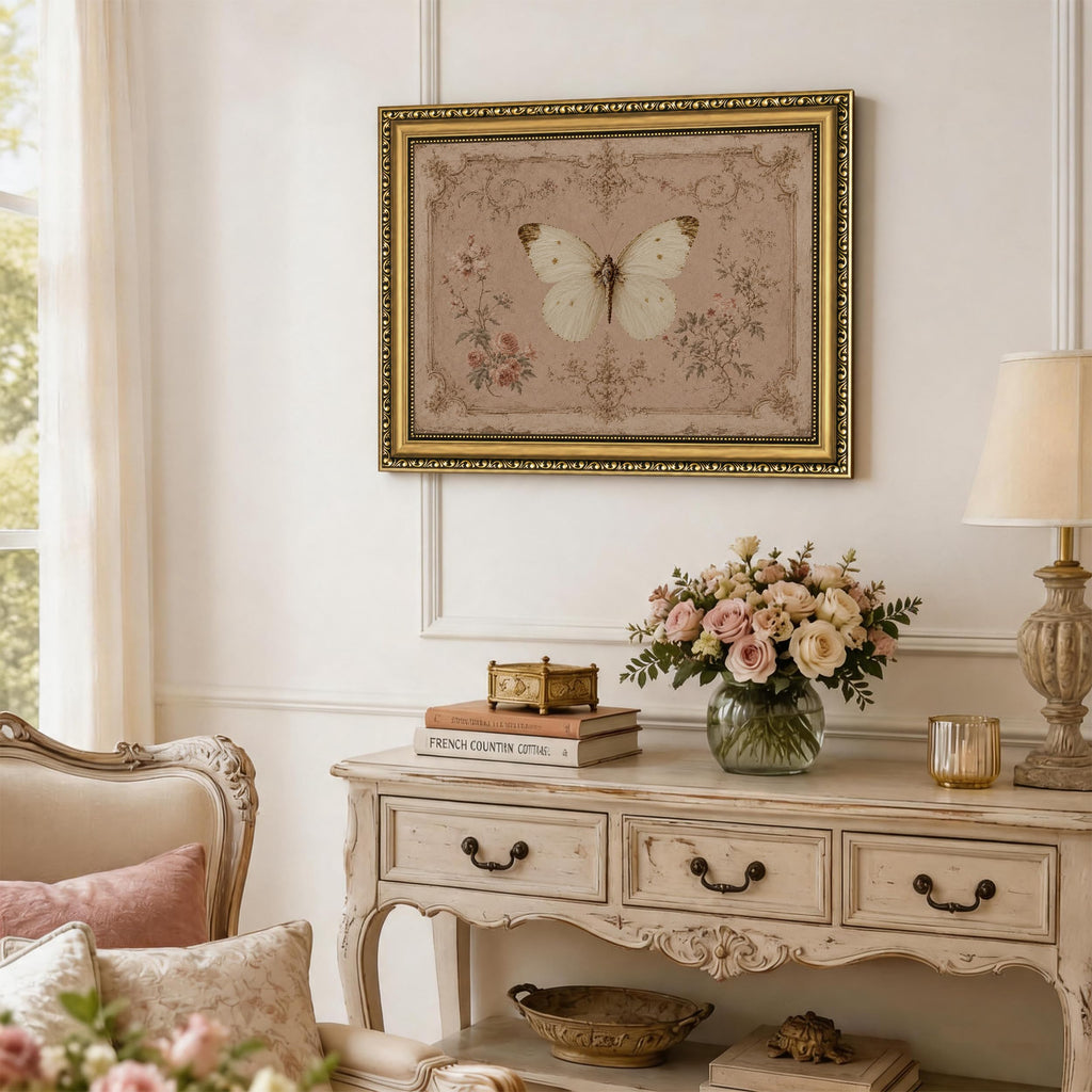Vintage Gold Framed Butterfly Wall Art Antique White Moth Canvas Print Rustic Botanical Insect Artwork French