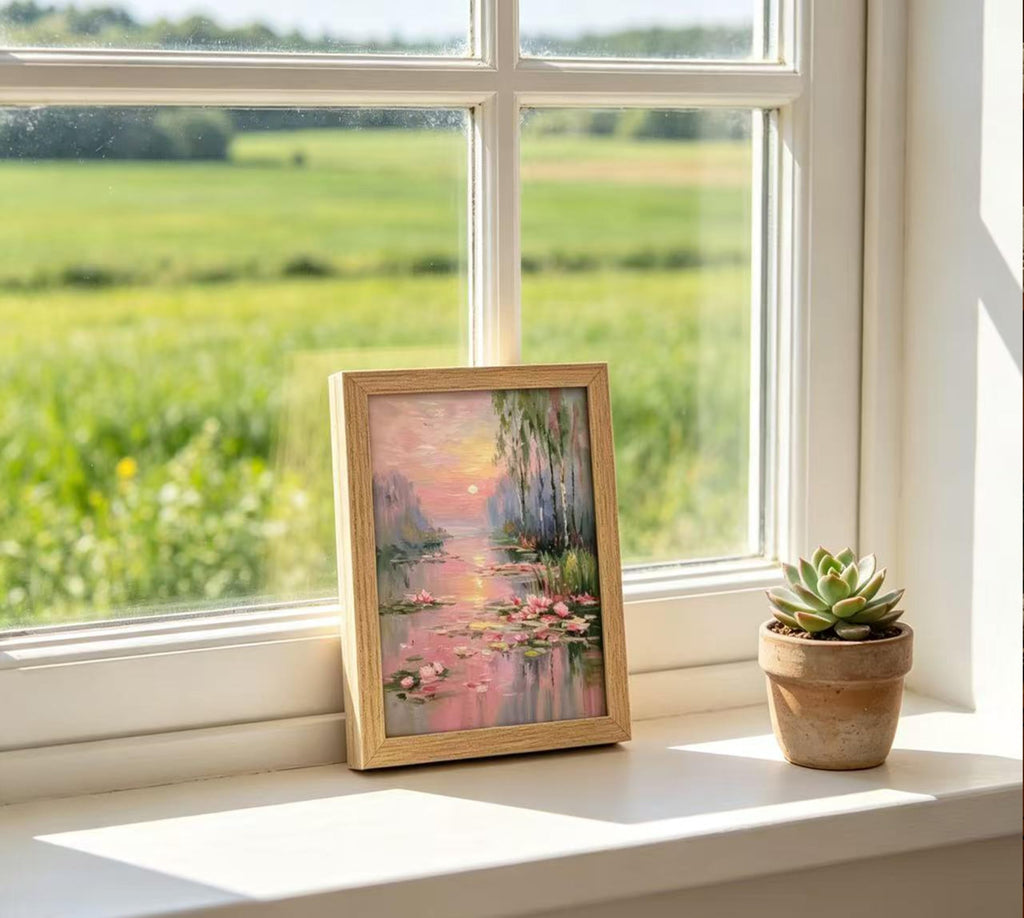 Framed Pink Water Lilies Wall Art, Impressionist Lotus Pond Oil Painting Canvas Prints, Serene Sunset Landscape Wall