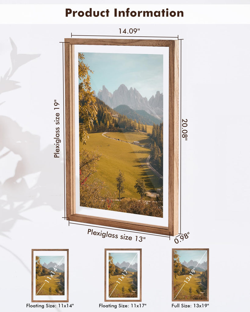 13x19 Floating Picture Frame for 11x17/11x14 Photos, 2-Pack Solid Wood Double Plexiglass Wall Art Frames, Any Size