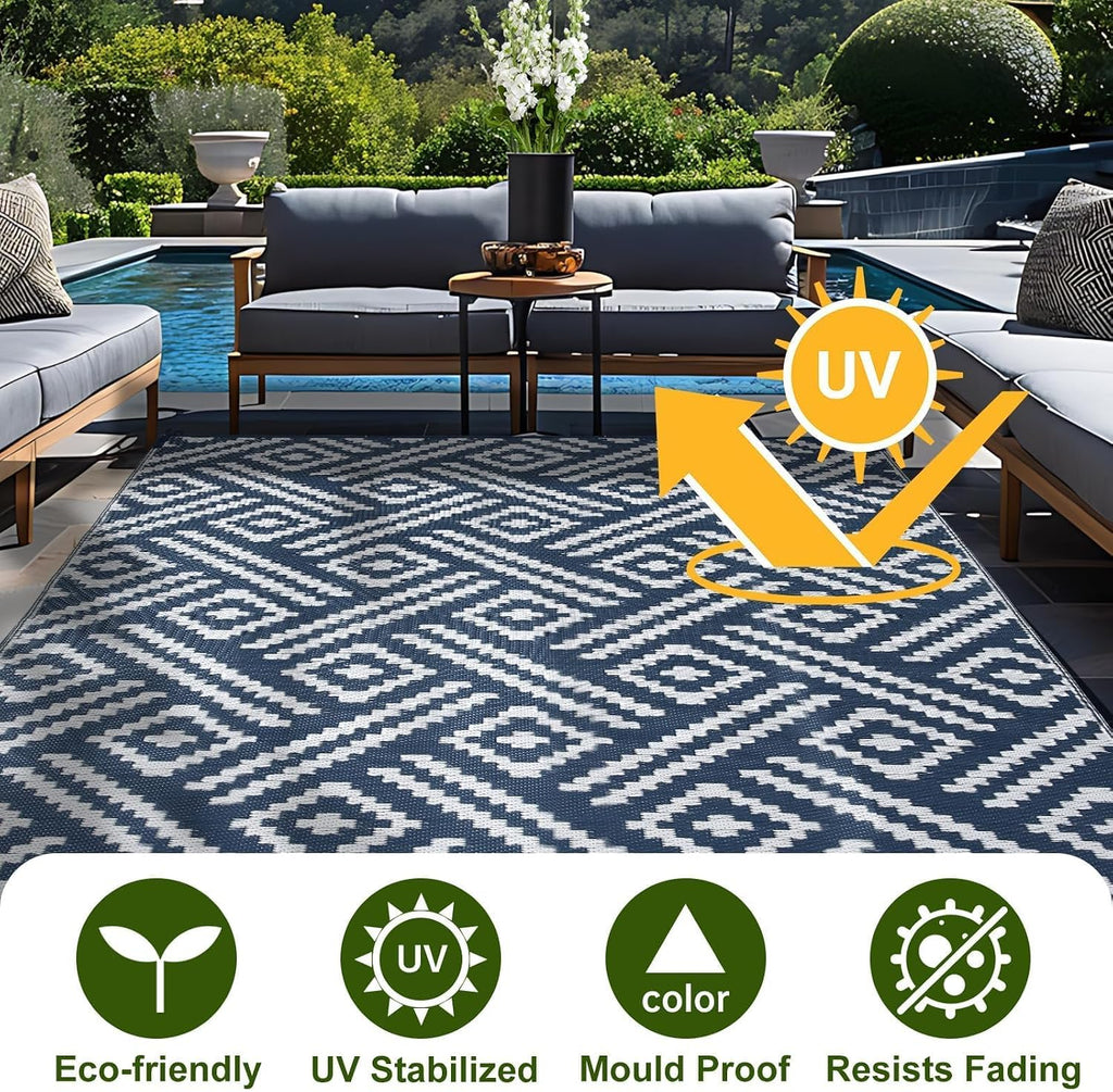 Outdoor Rug 9x12, Plastic Straw Rug, Navy & White