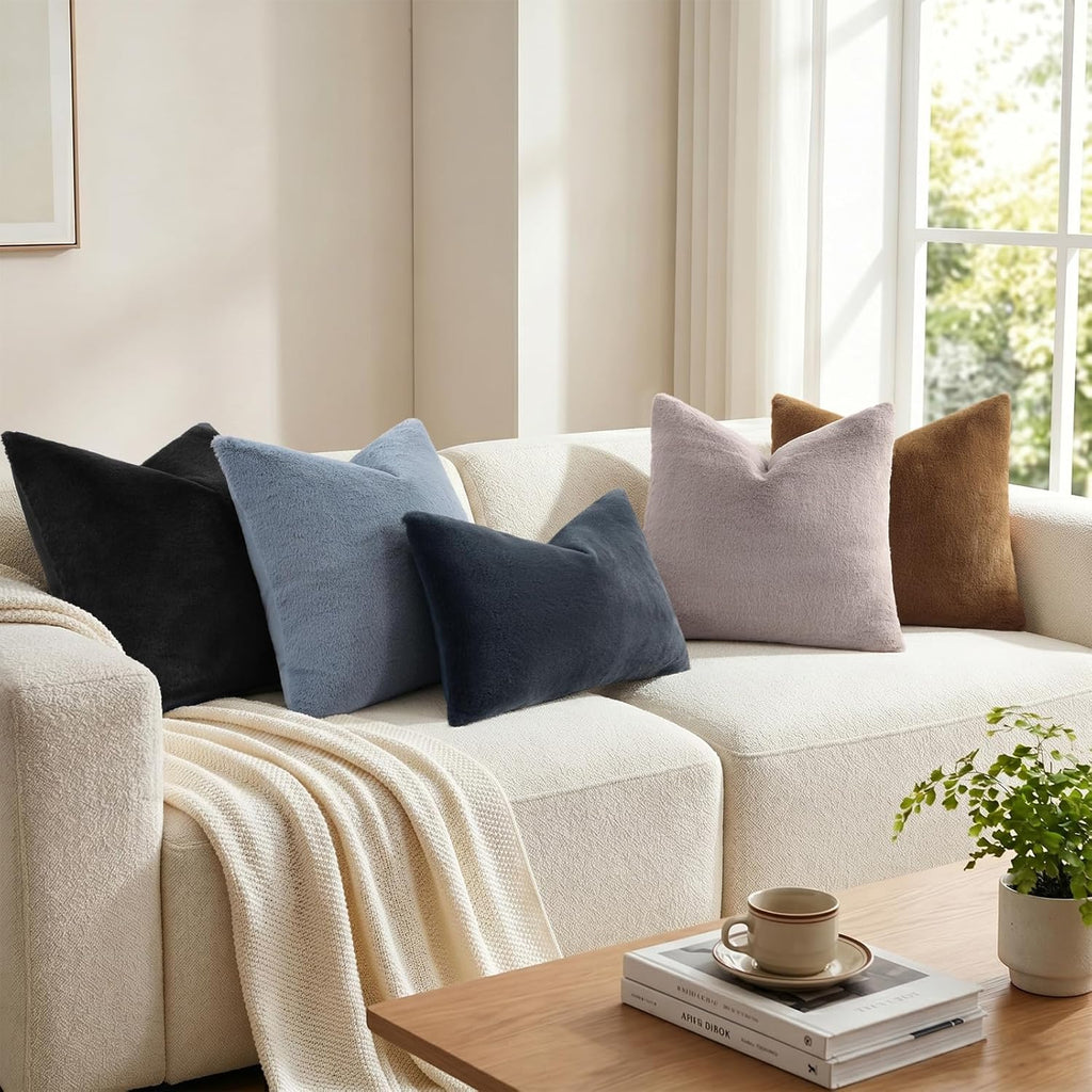 Faux Fur Plush Throw Pillow Covers 18x18 Set of 2, Luxury Soft Fluffy Cozy Decorative Pillow Covers, Black