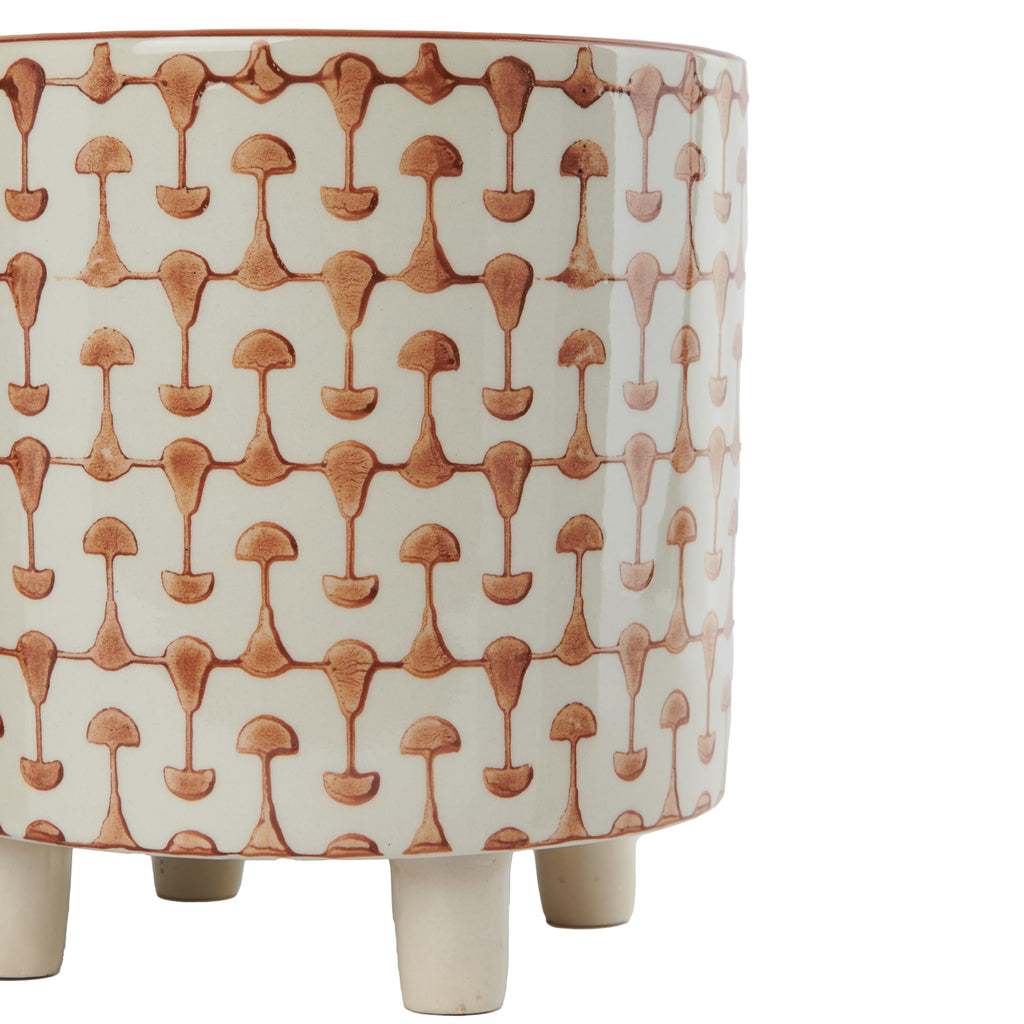 Footed Stoneware Planter with Abstract Print, Rust and White