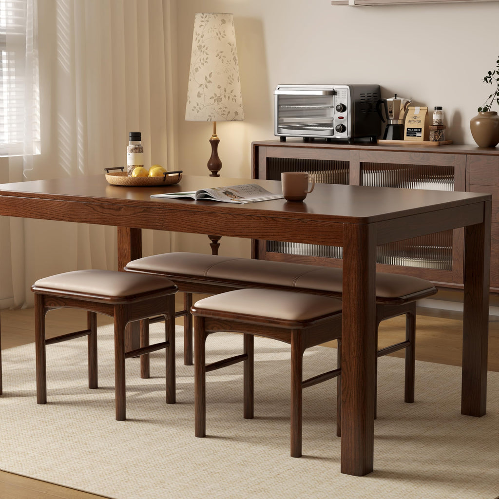 Solid Wood Leather Upholstered Dining Bench & Stool Set, 47.2'' Long Bench and 17.7'' Suqare Stool Set for Dining