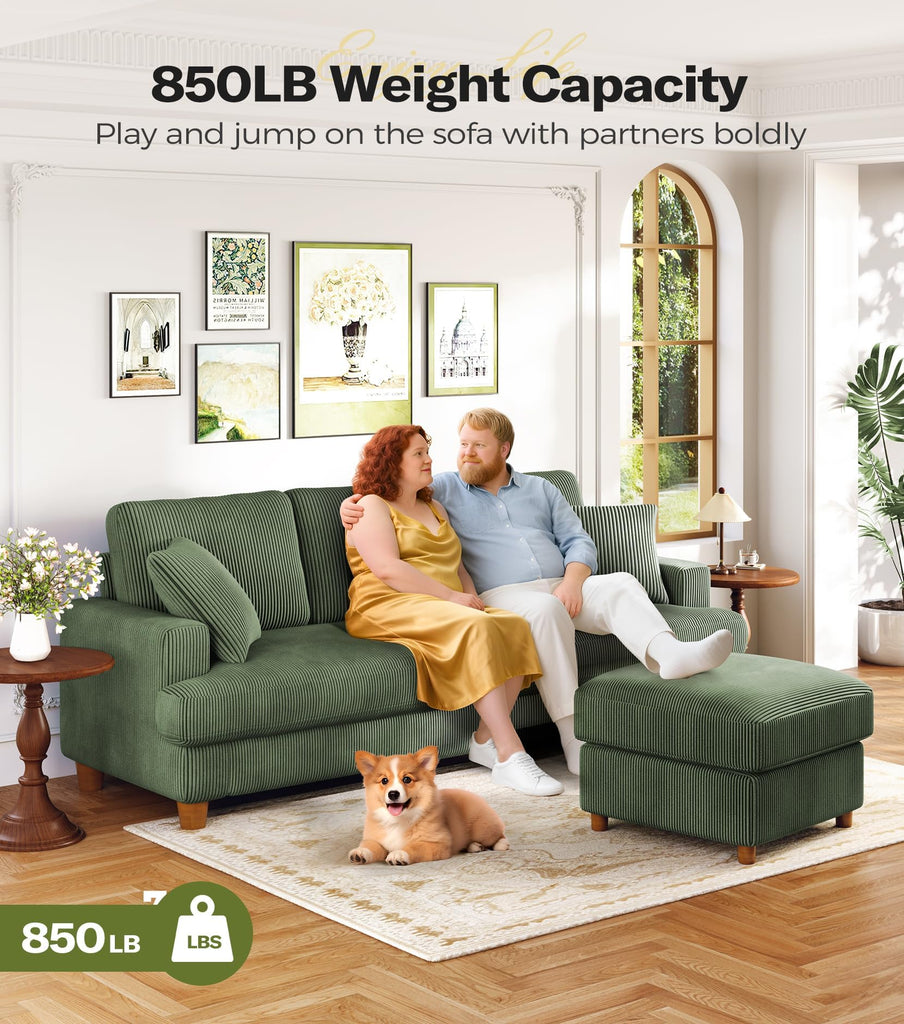 87in Corduroy Couch, 3 Seater Sofa, Sofas & Couches, Green Couch