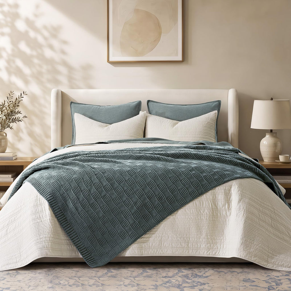 Modern Checkered Chenille Throw Blanket, 50x60, Stormy Blue