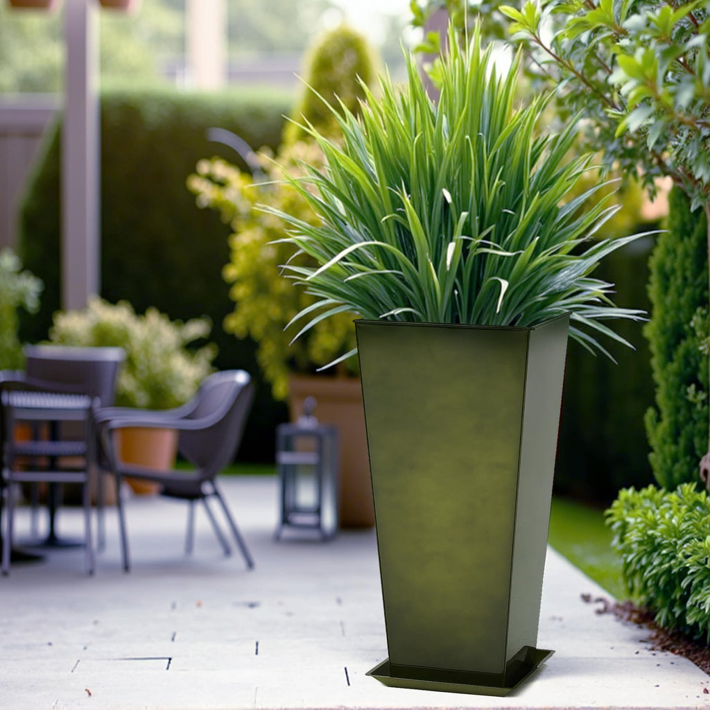 Garden 28" Large Metal Glazed Planter Set of 2, Luxurious Glossy Finish Green Tall Square Tapered Steel Plant Pots