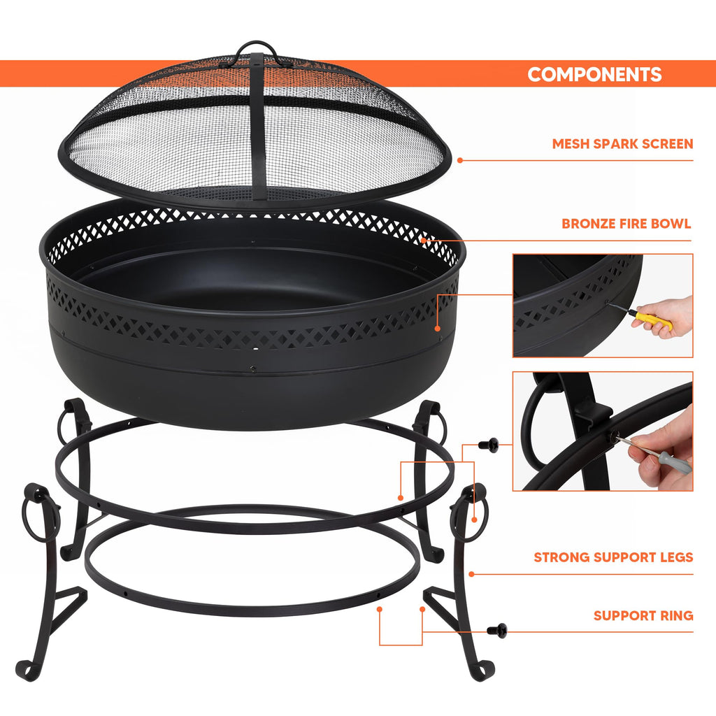 Outdoor Patio Fire Pit with Mesh Spark Screen, 40" Portable Fire Pit for Camping, Outside, Black