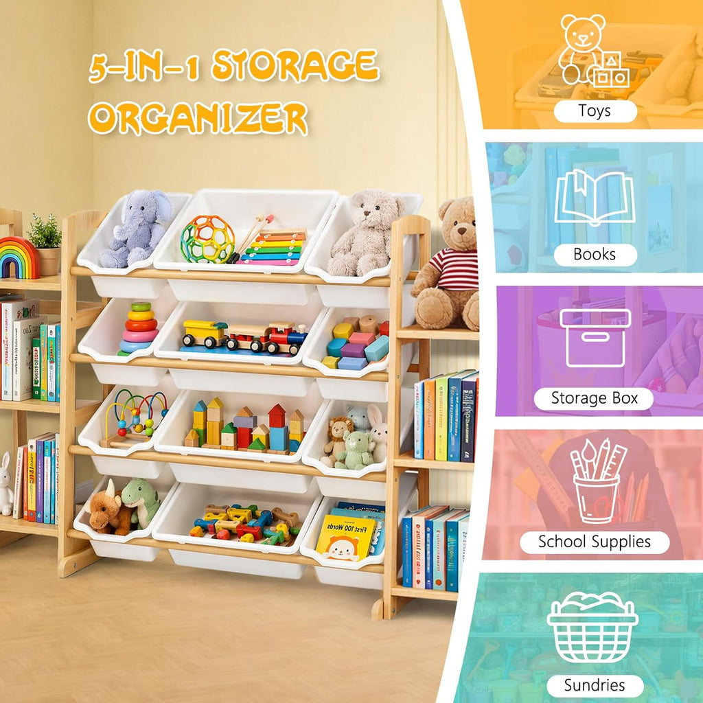 Toy Storage Organizer with Bookshelf - Wooden Toy Organizer with 12 Toy Bins & 6 Tier Bookcase,Quick Assembly Kids