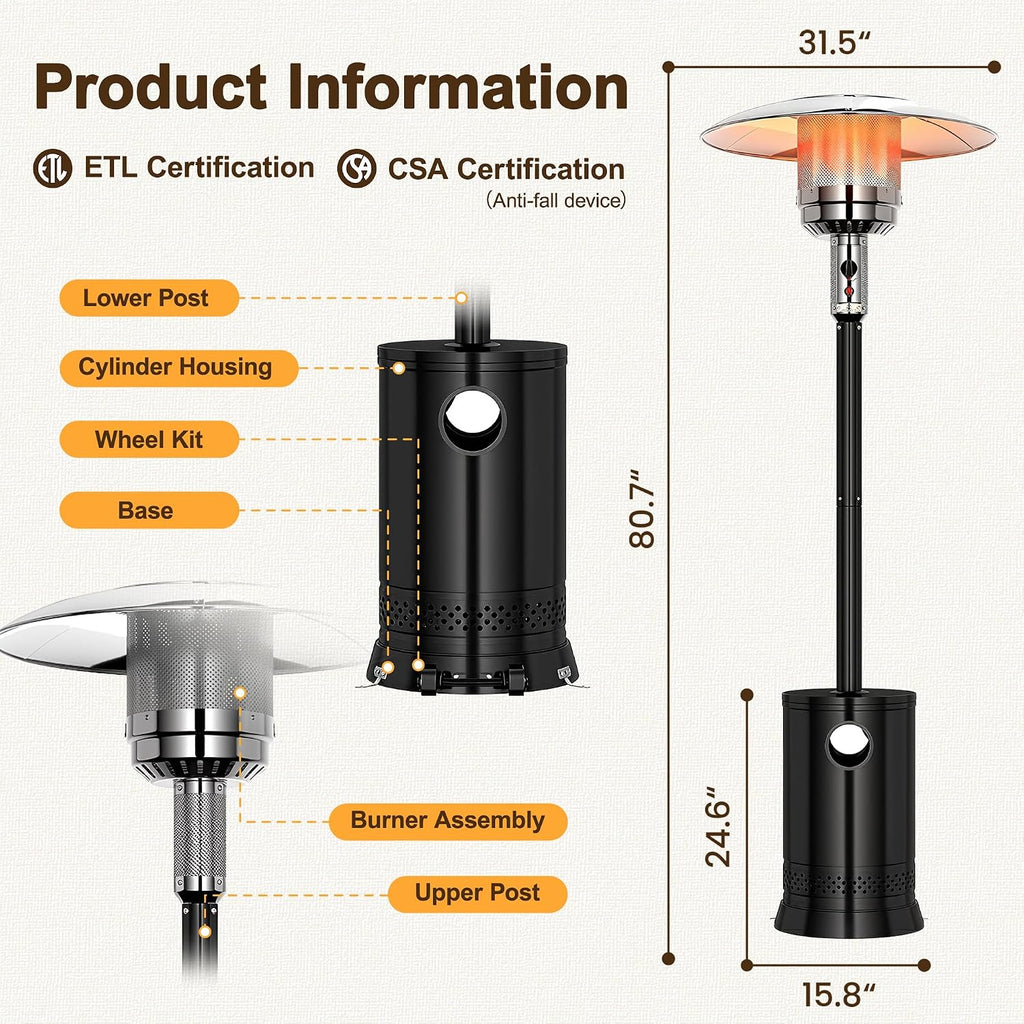 BTU Portable Propane Patio Heater with Wheels, Black | Triple Safety Protection, Round Table Design, Double-Layer