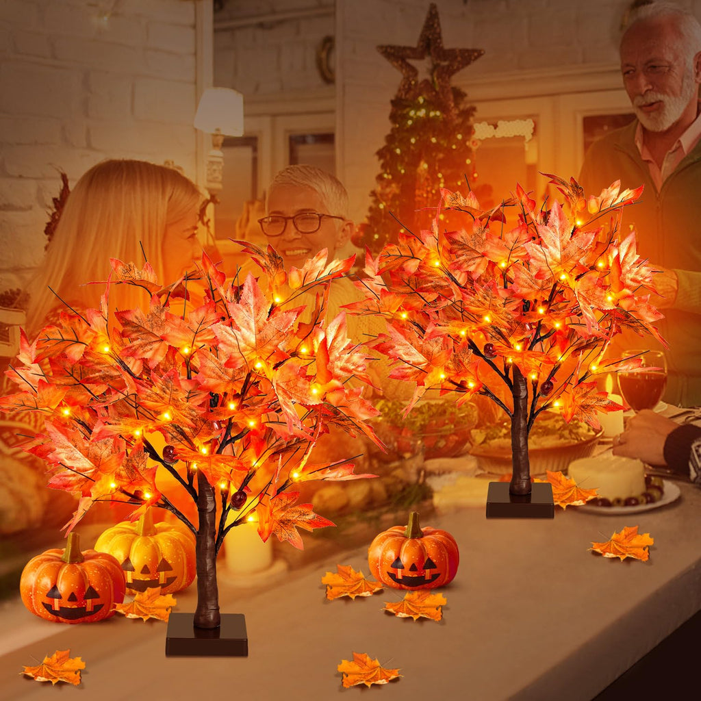 36 LED Lighted Fall Maple Tree - 1.5FT Thanksgiving Tabletop Lamp Decor with, 72 Maple Leaves, 6 Acorns, Timer