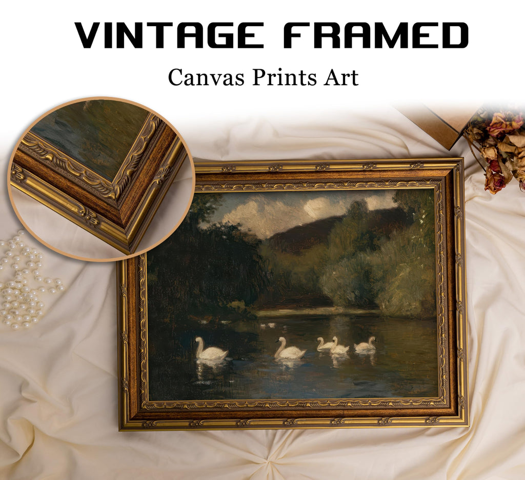 Vintage Gold Framed Swan Wall Art, Dark Moody Swans Lake Landscape Oli Painting Canvas Print, Antique Wildlife Bird