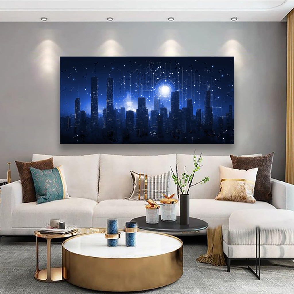 Night Stars City Wall Bedroom Wall Decor Living Room, Night Tall Buildings Canvas Wall Office Farmhouse Paintings