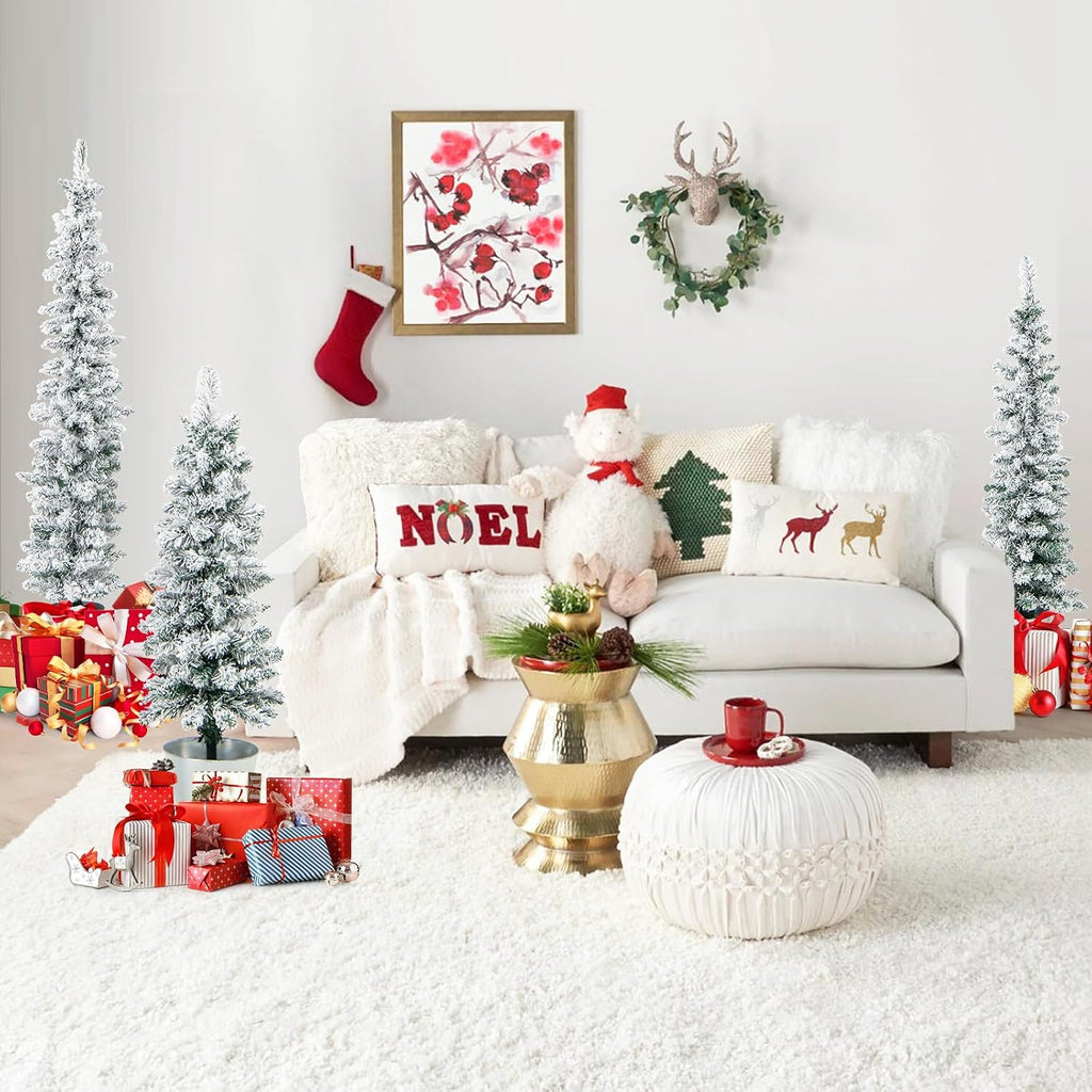 Set of 3 Artificial Snow Flocked Christmas Tree, 3' 4' 5' Slim Pencil Xmas Tree with Silver Metal Buckets, Faux