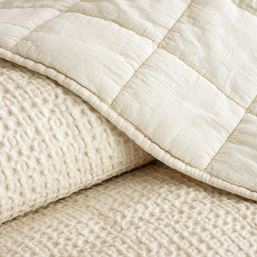 Enzyme-Washed Waffle Quilt Set (106"x90") - 100% Cotton Cover, 3PCS Soft Lightweight Square Quilted Bedspread