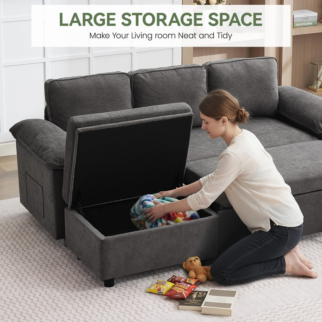 30" Storage Ottoman with Seating for Modular Sectional Sofa, Chenille Upholstered Rectangular Ottoman Bench with