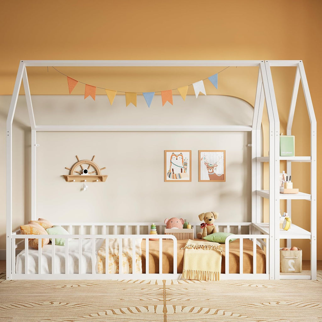 Floor Bed with 3-Tier Shelves, Metal Frame, White